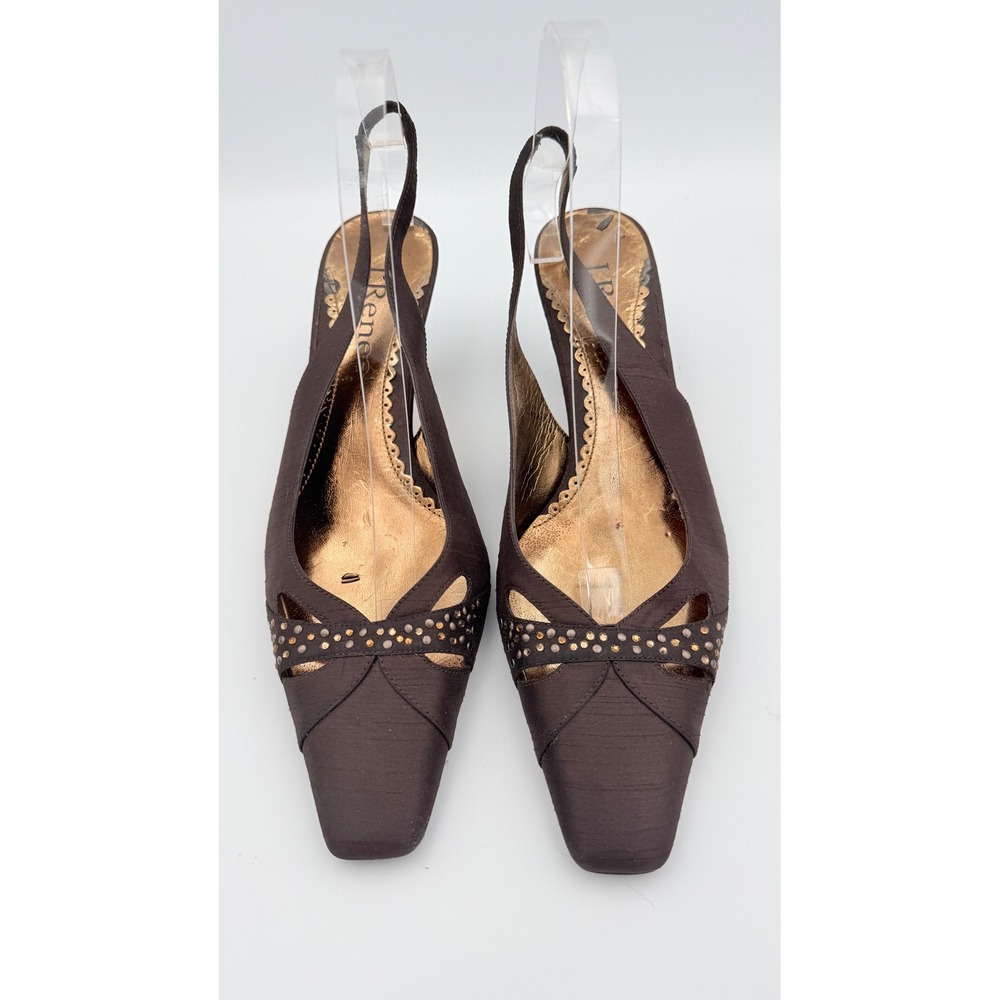 J. Renee Brown Fabric Slingback Kitten Heels Square Toe‎ Studded Pumps 9.5